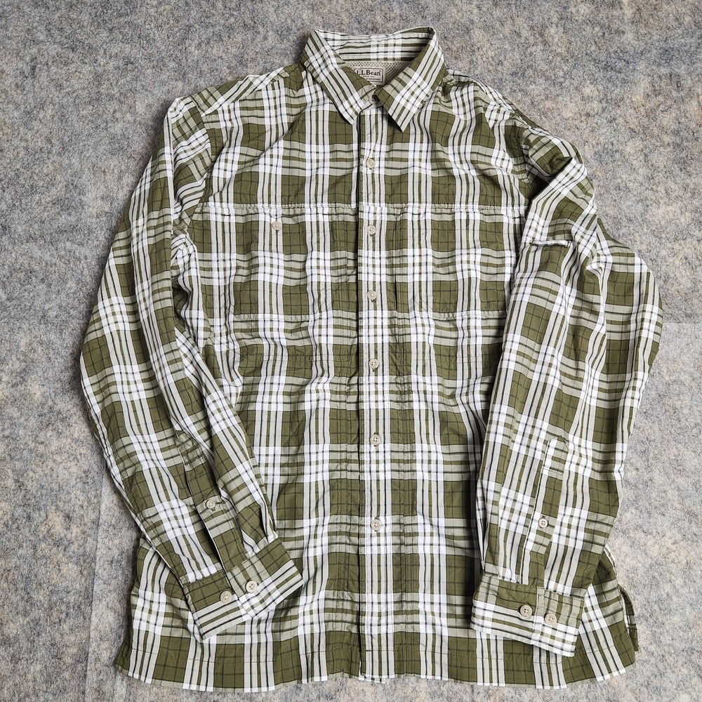 LL Bean Shirt Men M Green White Plaid Button‎ Mesh Lined Outdoor Hiking Gorpcore